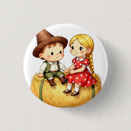Plattelandskinderen op een hooibaal ronde button 3,2 cm