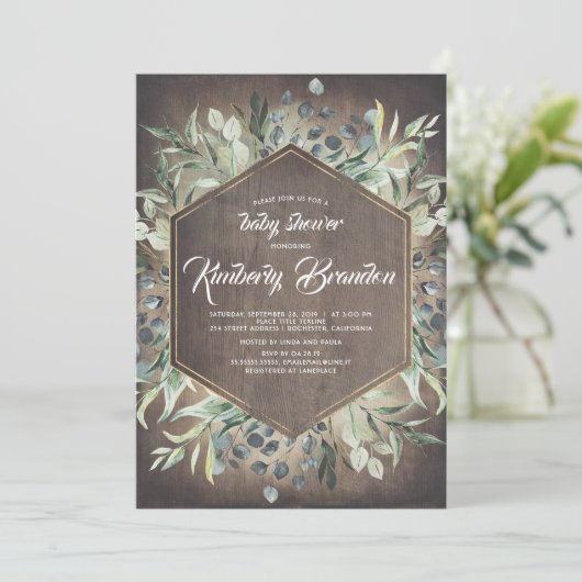 plattelandsland | Greenery Gold Lijst Baby shower Kaart (Staand voorkant)