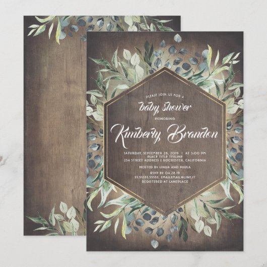 plattelandsland | Greenery Gold Lijst Baby shower Kaart (Voorkant / Achterkant)