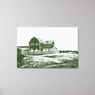 Plattelandslandschap houtsnede stijl boerderij hui canvas afdruk