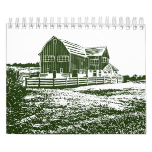Plattelandslandschap houtsnede stijl boerderij hui kalender