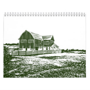 Plattelandslandschap houtsnede stijl boerderij hui kalender