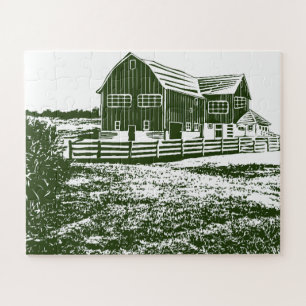 Plattelandslandschap houtsnede stijl boerderij hui legpuzzel