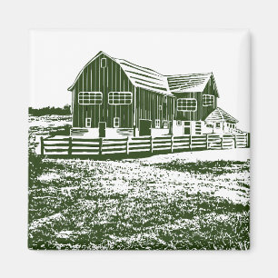 Plattelandslandschap houtsnede stijl boerderij hui magneet