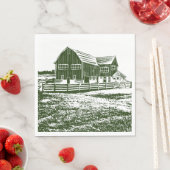 Plattelandslandschap houtsnede stijl boerderij hui servet (Insitu)