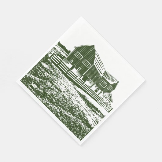 Plattelandslandschap houtsnede stijl boerderij hui servet (Hoek)