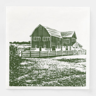 Plattelandslandschap houtsnede stijl boerderij hui servet