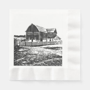 Plattelandslandschap houtsnede stijl boerderij hui servet