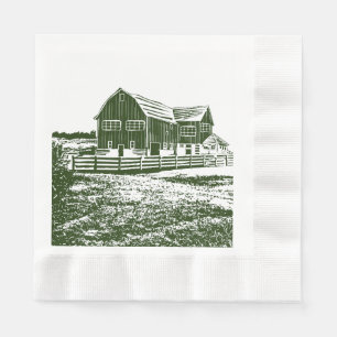 Plattelandslandschap houtsnede stijl boerderij hui servet