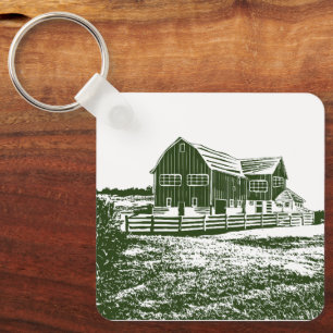 Plattelandslandschap houtsnede stijl boerderij hui sleutelhanger