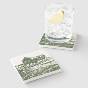 Plattelandslandschap houtsnede stijl boerderij hui stenen onderzetter