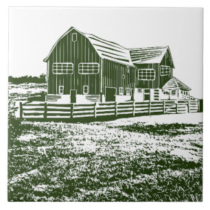 Plattelandslandschap houtsnede stijl boerderij hui tegeltje