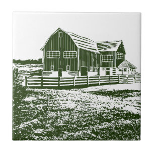 Plattelandslandschap houtsnede stijl boerderij hui tegeltje