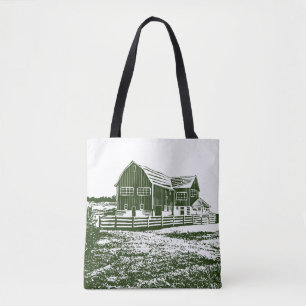 Plattelandslandschap houtsnede stijl boerderij hui tote bag