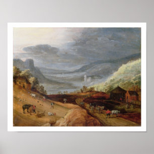 Plattelandslandschap met een boerenbridingpaarden, poster
