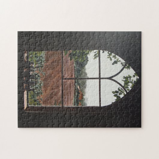 Plattelandslandschap uitzicht van kerkvensterschil legpuzzel (Horizontaal)