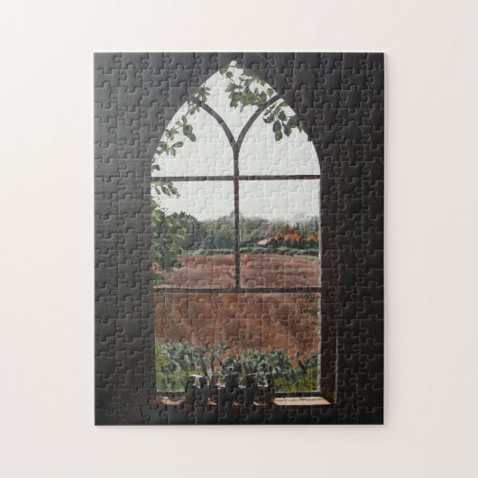 Plattelandslandschap uitzicht van kerkvensterschil legpuzzel (Verticaal)