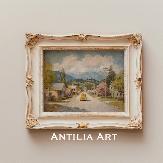 plattelandsstad schilderen rustieke gele auto poster