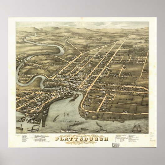 Plattsburgh New York 1877 Antiek Panorama Poster (Voorkant)