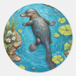 Platypus in de rivier. ronde sticker