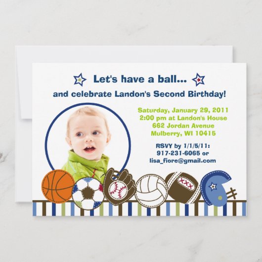 Play Ball Sports Custom Photo Birthday Invitations Kaart (Voorkant)