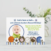 Play Ball Sports Custom Photo Birthday Invitations Kaart (Staand voorkant)