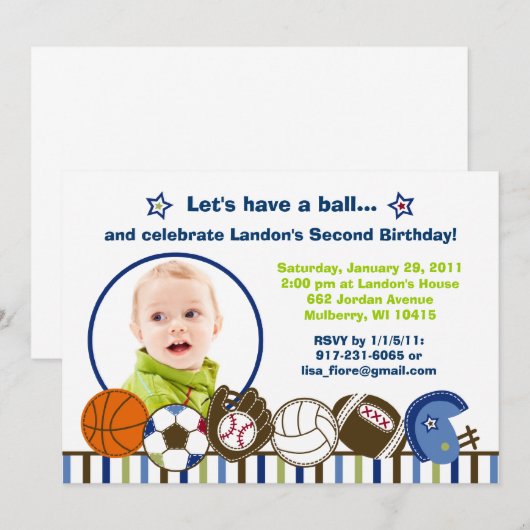 Play Ball Sports Custom Photo Birthday Invitations Kaart (Voorkant / Achterkant)