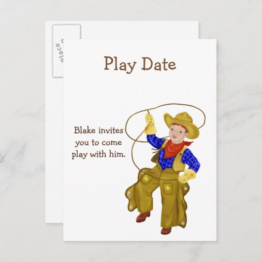 Play Date Invitation for Boy, Little Cowboy Uitnodiging Briefkaart (Voorkant / Achterkant)