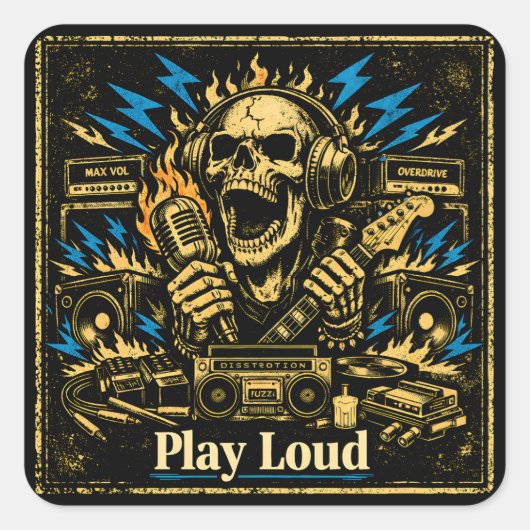 Play Loud – Volume Up Music Rebellion Vierkante Sticker (Voorkant)