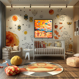 Playa de Paraguas: Paisaje Folk y Naive Colorido Perfect Poster