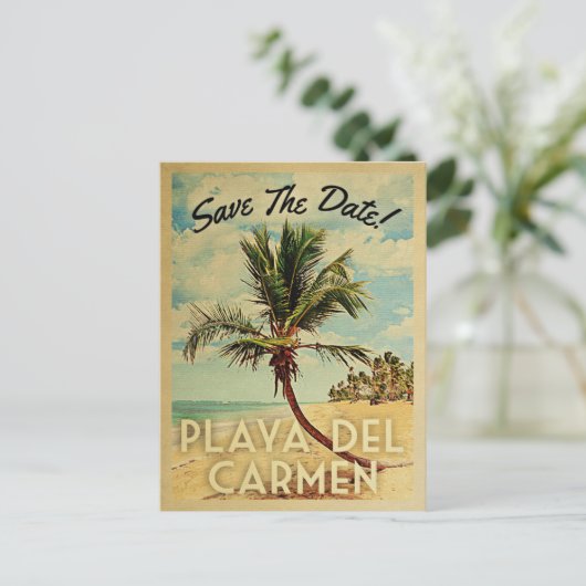 Playa del Carmen bewaar de  palmboom op de datum Aankondigingskaart (Staand voorkant)