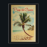Playa del Carmen Briefkaart Palm Tree Vintage Trav<br><div class="desc">Een unieke retro mid-eeuwse moderne Playa del Carmen Mexico-kunst in de klassieke stijl van het poster. Het bevat een gebogen palmboom op zandige stranden met oceaan onder een blauwe troebele hemel.</div>