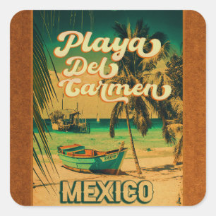 Playa del Carmen Mexico Palm Tree Vintage Travel Vierkante Sticker