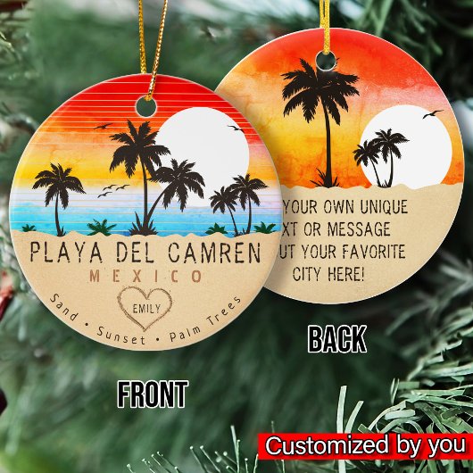 Playa del Carmen Mexico Retro Zonsondergang Palmbo Keramisch Ornament