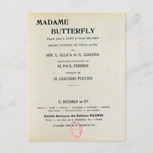 Playbill for Madame Butterfly by Giacomo Briefkaart (Voorkant)
