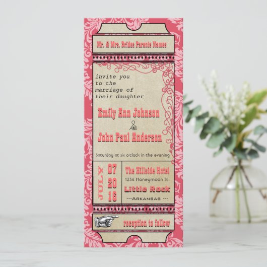 Playbill Ticket Wedding Raspberry Coral and Yellow Kaart (Staand voorkant)