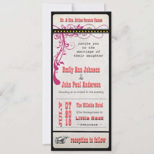 Playbill Ticket Wedding Raspberry Coral and Yellow Kaart (Voorkant)