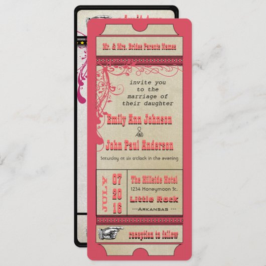 Playbill Ticket Wedding Raspberry Coral and Yellow Kaart (Voorkant / Achterkant)