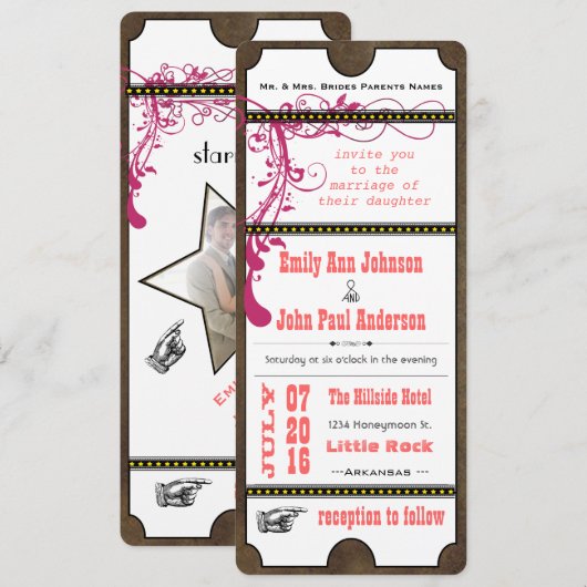 Playbill Ticket Wedding Raspberry Coral and Yellow Kaart (Voorkant / Achterkant)