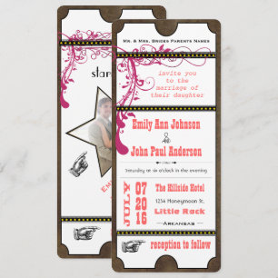 Playbill Ticket Wedding Raspberry Coral and Yellow Kaart