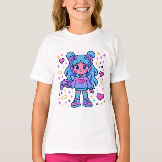 Playera Kawaii Blue Gamer – Cute Magical T-shirt (Voorkant)