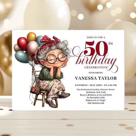 Playful 50 lady design funny birthday party invite kaart