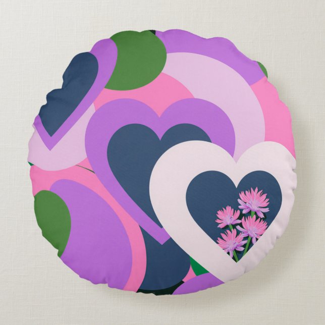 Playful Abstract Heart Round Pillow Rond Kussen (Voorkant)