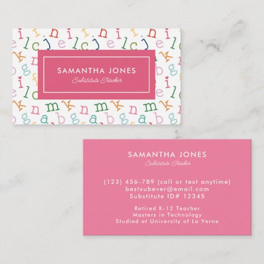 Playful Alphabet Substitute Teacher Business Card Visitekaartje (Voorkant / Achterkant)