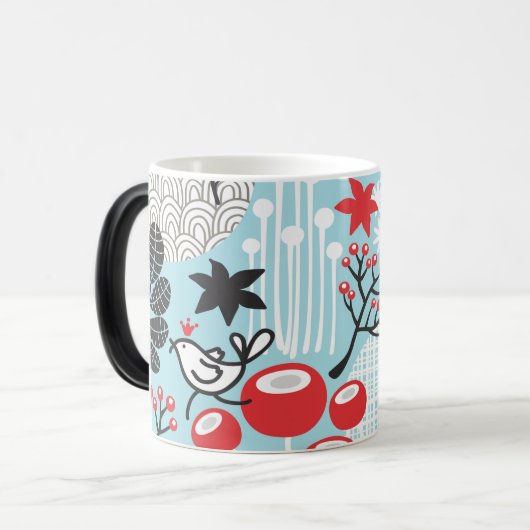 Playful Birds in Red and Blue Garden Magische Mok (Voorkant links)