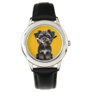 Playful Black And Gray Terrier Puppy Portrait Horloge