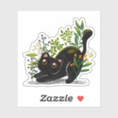 Playful Black Cat with Flowers – Cute Botanical  Sticker (Vel)