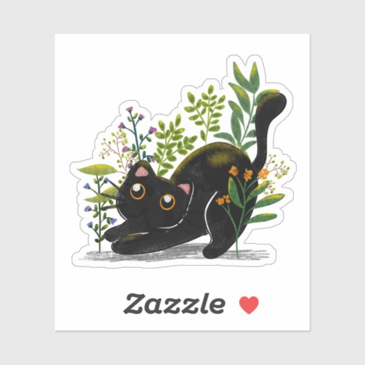 Playful Black Cat with Flowers – Cute Botanical  Sticker (Vel)