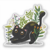 Playful Black Cat with Flowers – Cute Botanical  Sticker (Voorkant)
