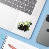 Playful Black Cat with Flowers – Cute Botanical  Sticker (Laptop met iPhone)